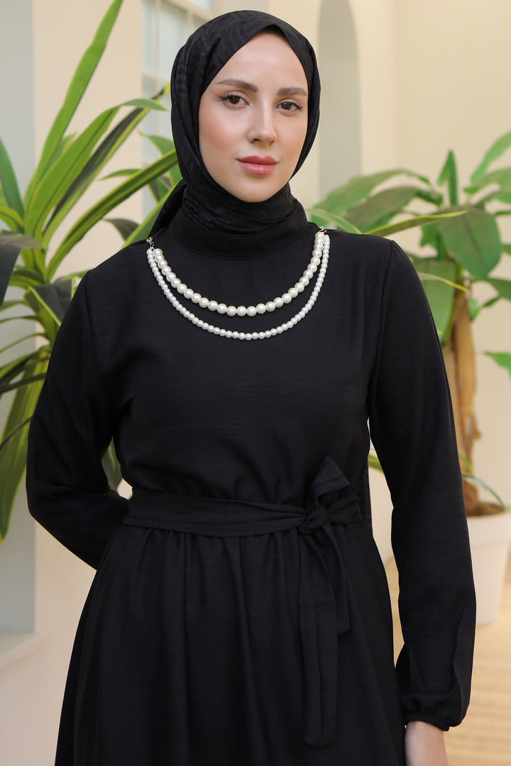 BNG Women Linen Dress with Pearl Necklace Black - Clermont