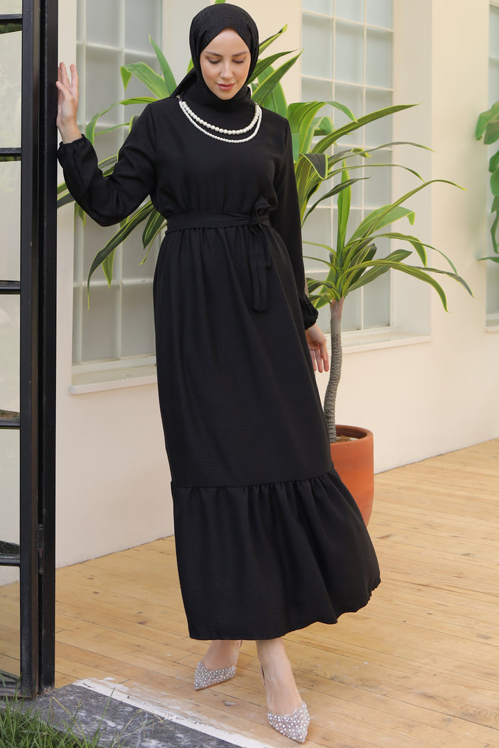 BNG Women Linen Dress with Pearl Necklace Black - Clermont