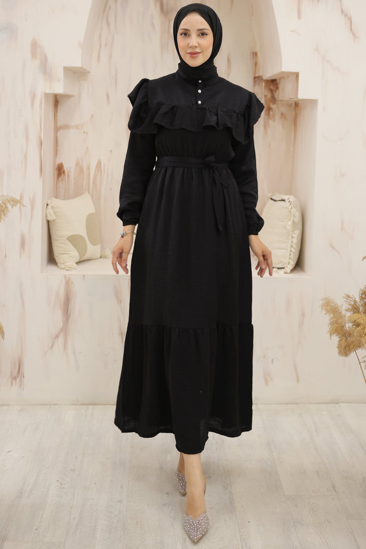 BNG Women Frilled Detail Buttoned Front Dress Black - Clermont