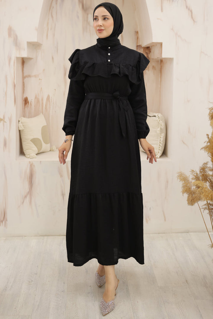 BNG Women Frilled Detail Buttoned Front Dress Black - Clermont