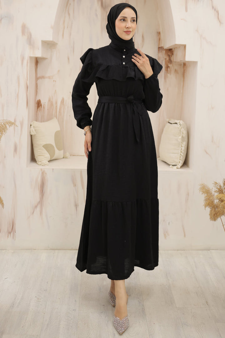 BNG Women Frilled Detail Buttoned Front Dress Black - Clermont