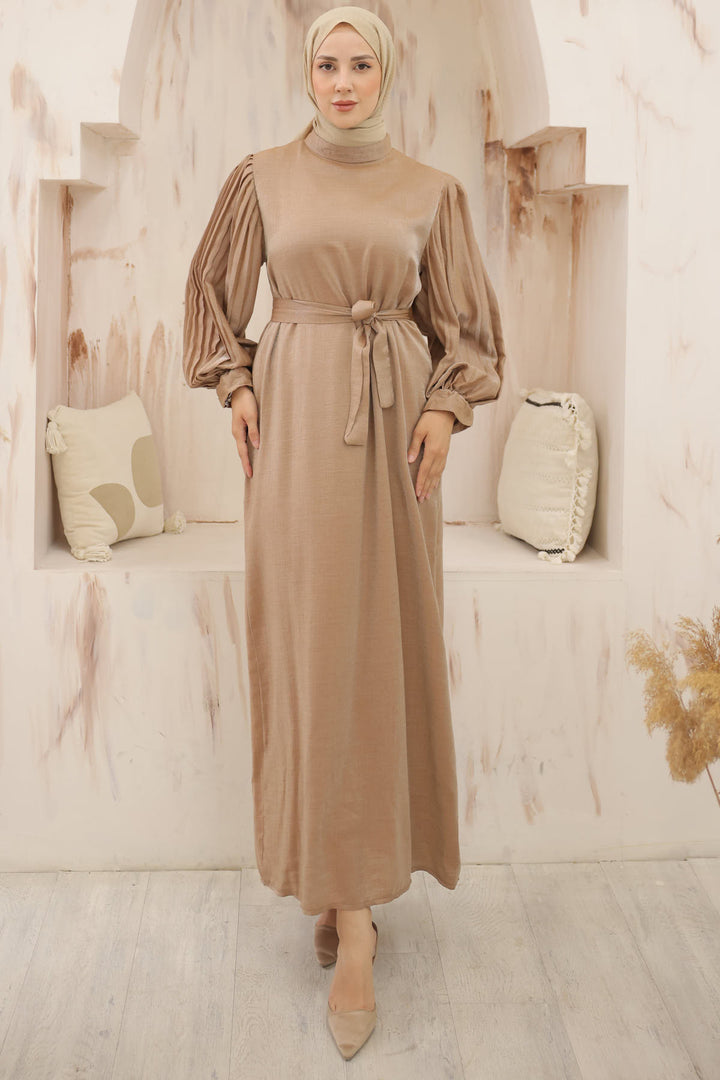 BNG Women Sleeved Pile Detailed Hijab Dress Camel - Clermont