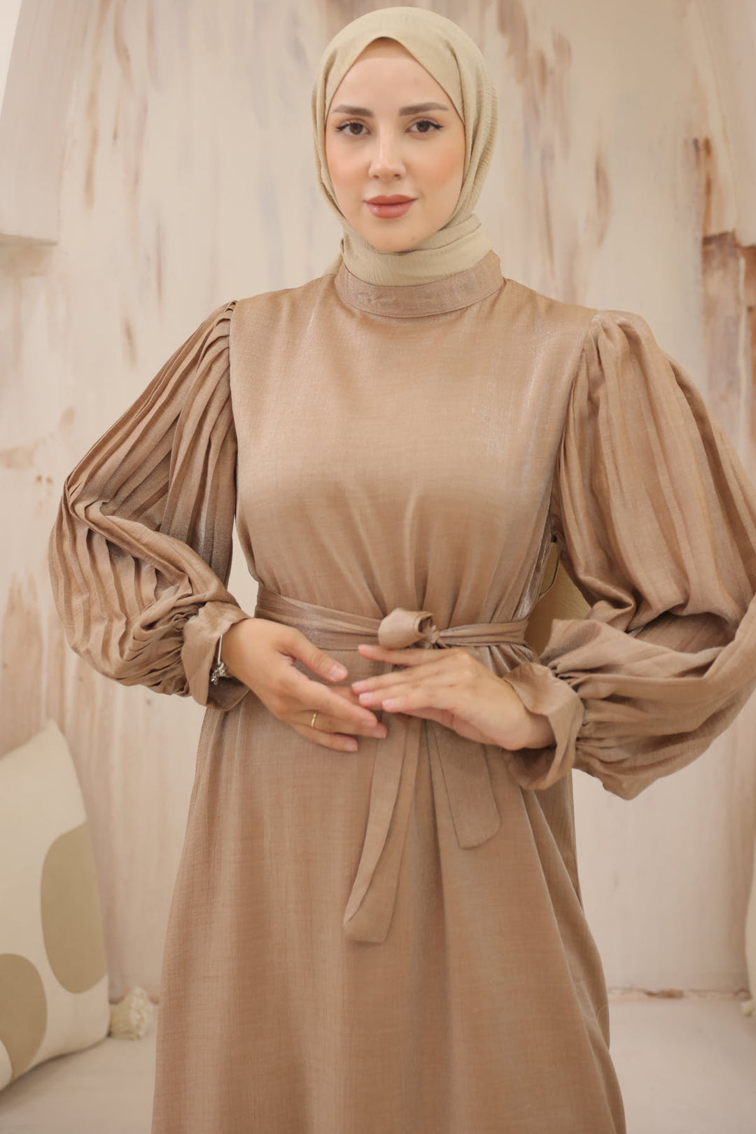 BNG Women Sleeved Pile Detailed Hijab Dress Camel - Clermont