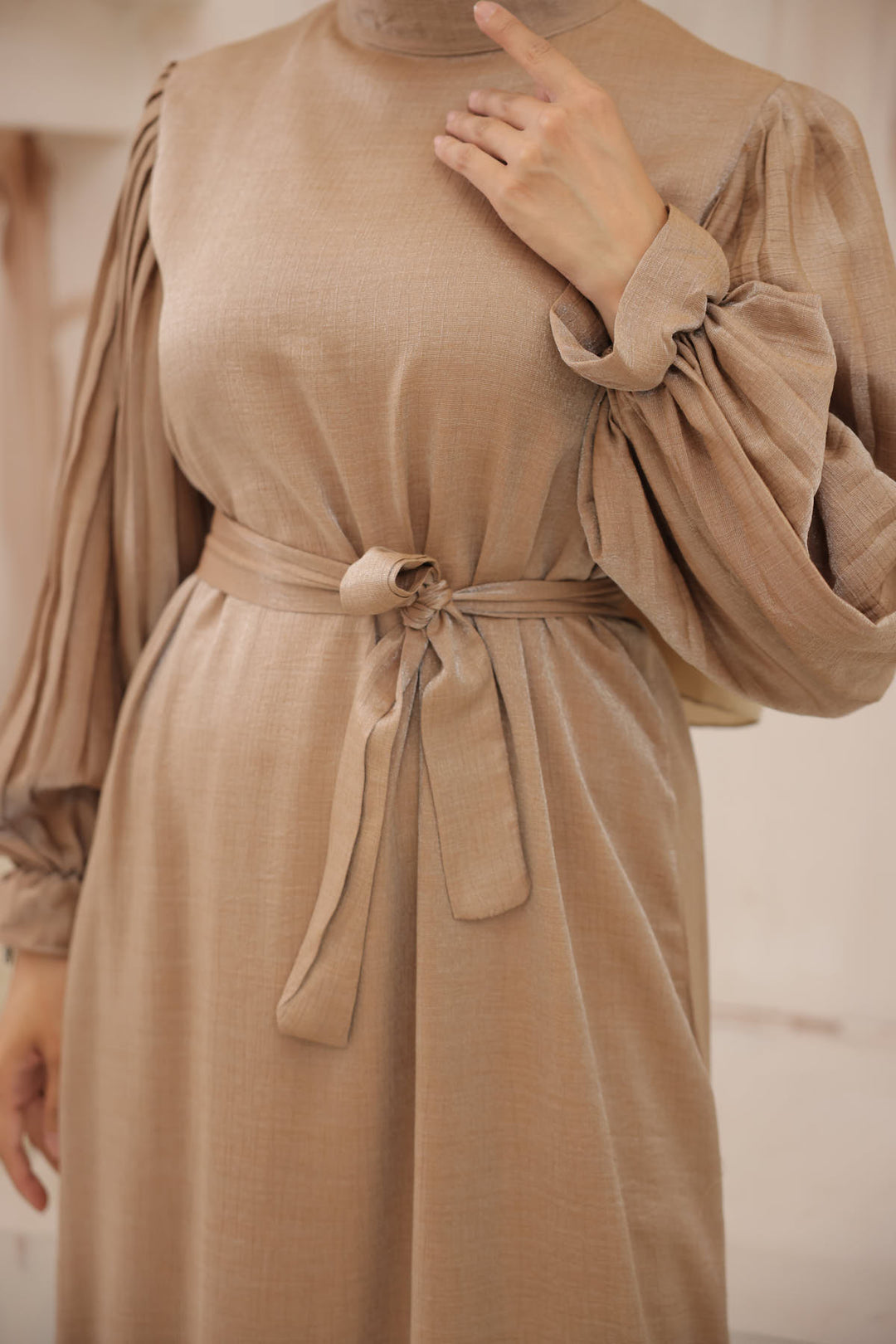BNG Women Sleeved Pile Detailed Hijab Dress Camel - Clermont