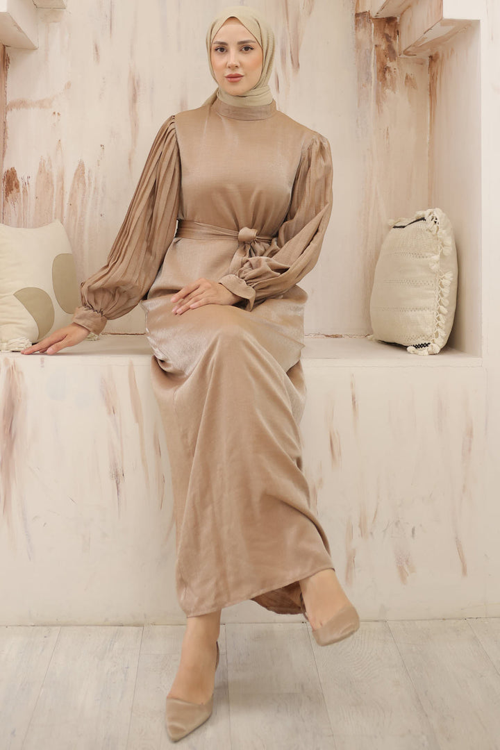 BNG Women Sleeved Pile Detailed Hijab Dress Camel - Clermont