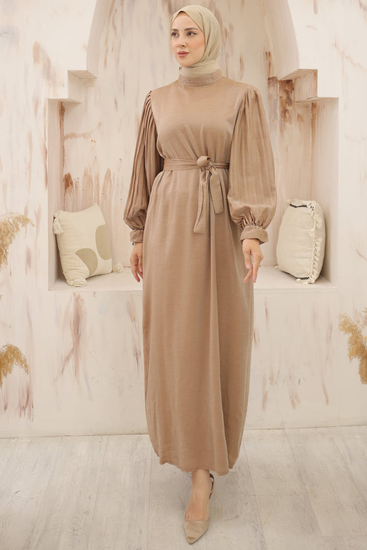 BNG Women Sleeved Pile Detailed Hijab Dress Camel - Clermont