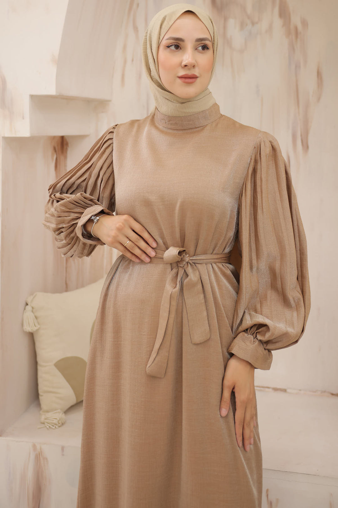 BNG Women Sleeved Pile Detailed Hijab Dress Camel - Clermont