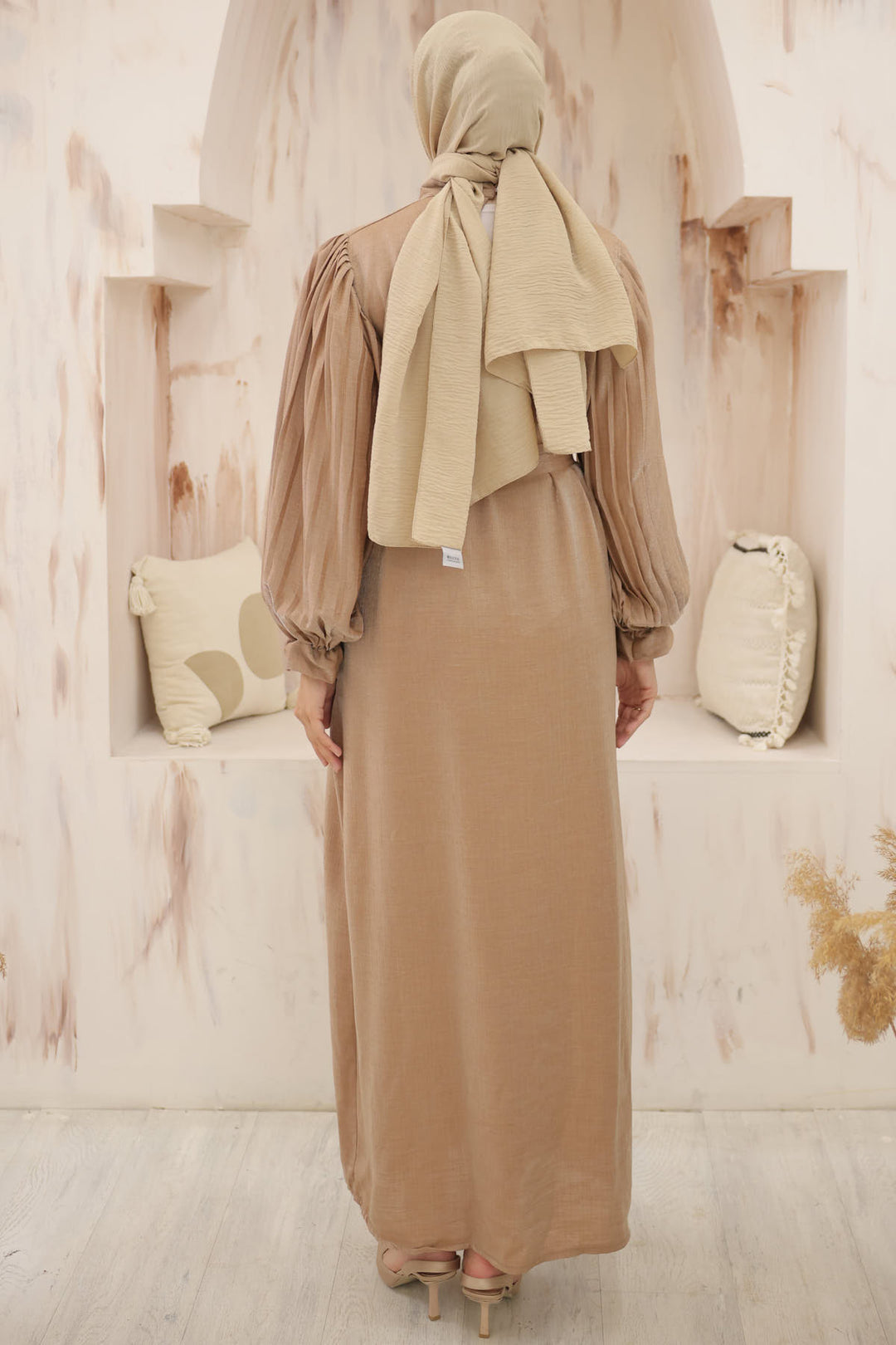 BNG Women Sleeved Pile Detailed Hijab Dress Camel - Clermont