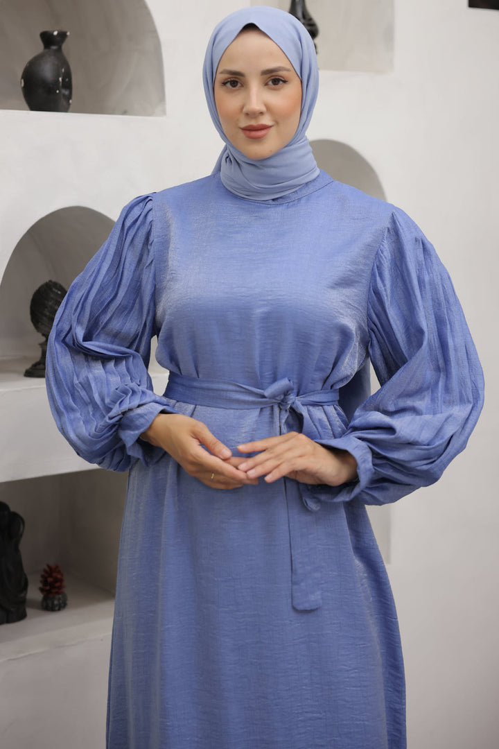 BNG Women Sleeved Pile Detailed Hijab Dress Blue - Clermont