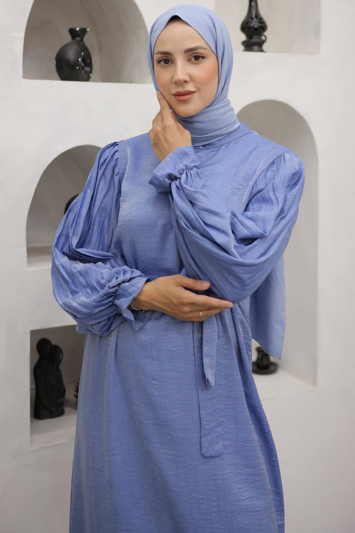 BNG Women Sleeved Pile Detailed Hijab Dress Blue - Clermont