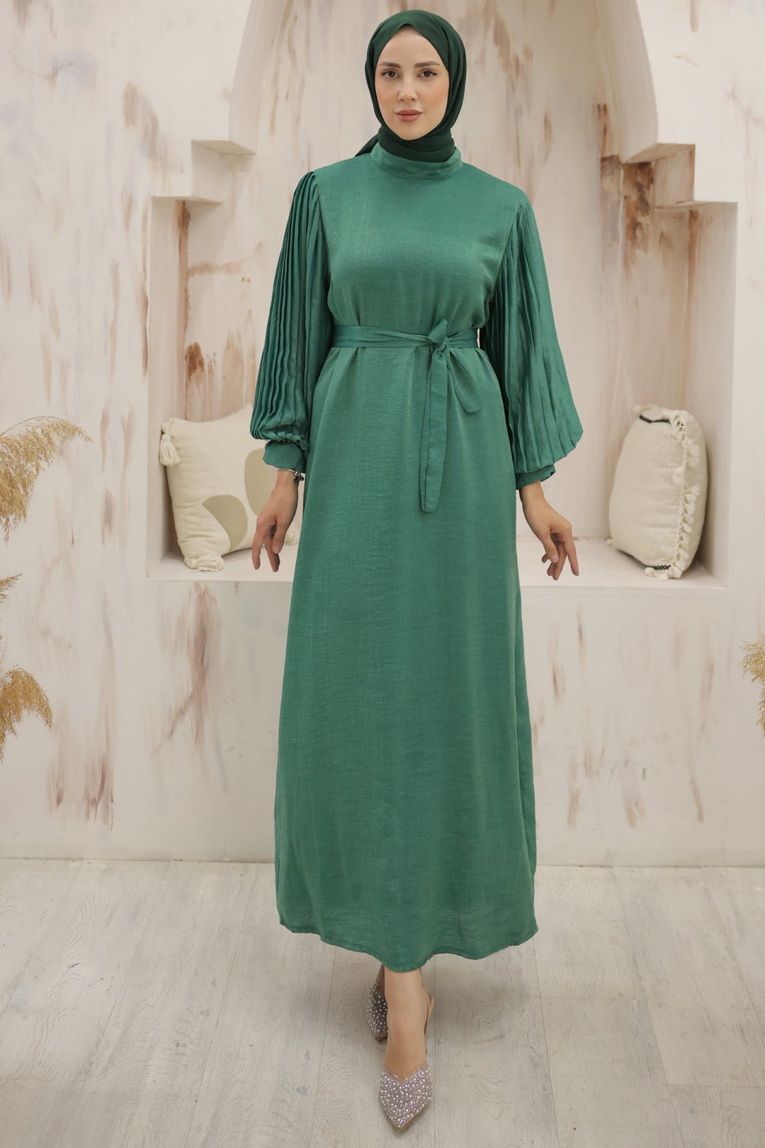BNG Women Sleeves Pile Detailed Hijab Dress Emerald Green - Clermont