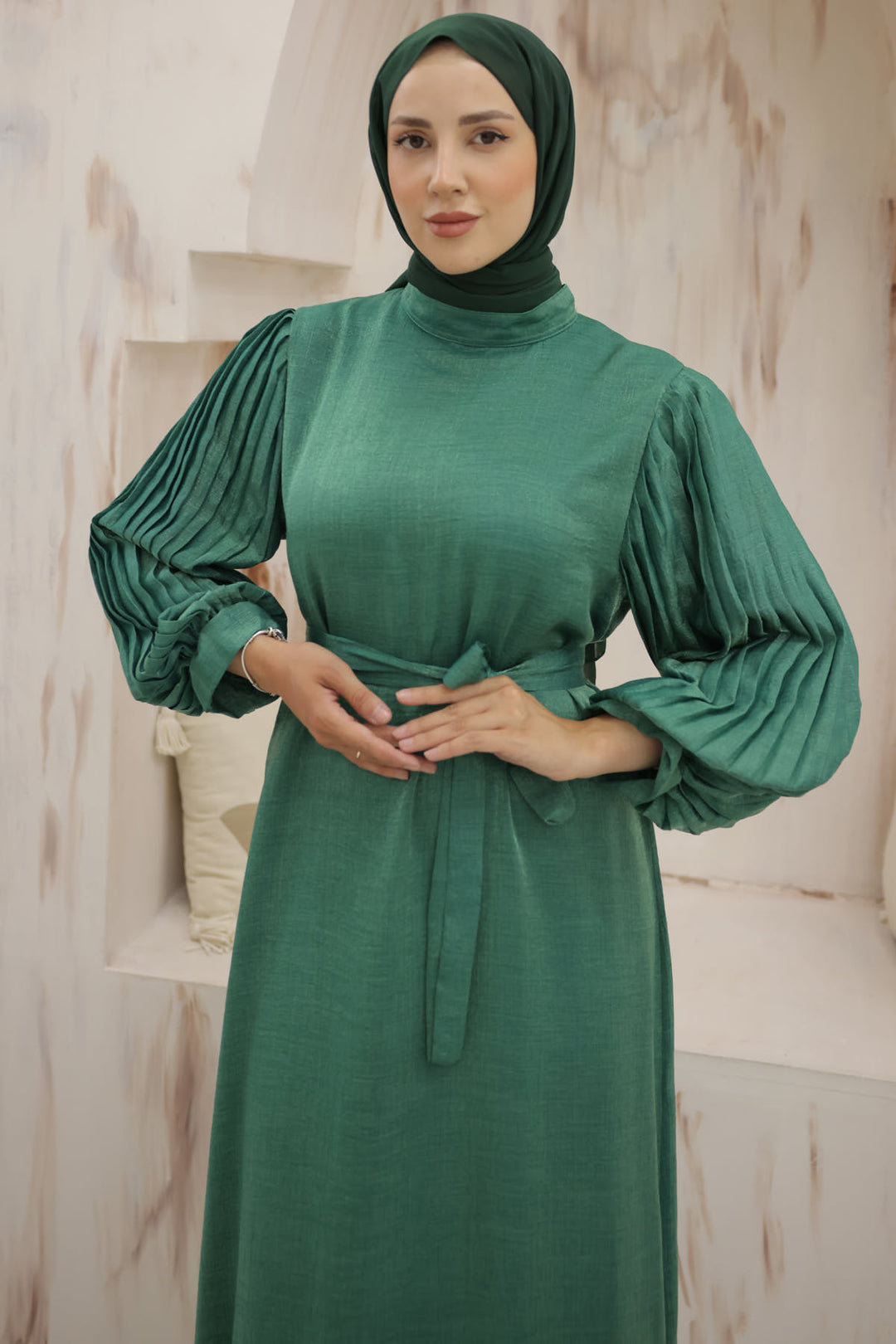 BNG Women Sleeves Pile Detailed Hijab Dress Emerald Green - Clermont