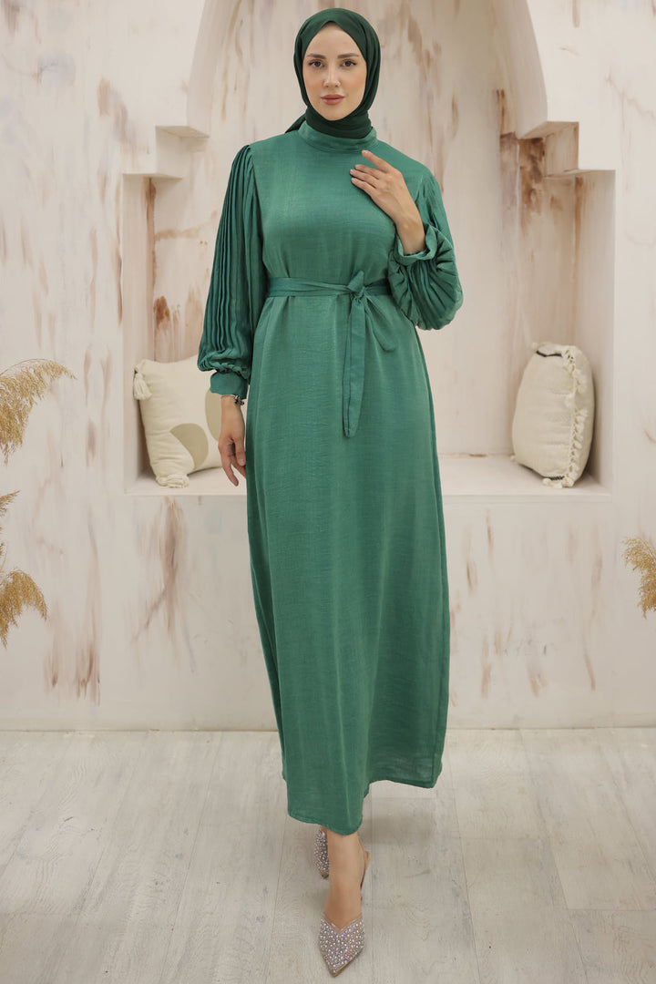 BNG Women Sleeves Pile Detailed Hijab Dress Emerald Green - Clermont