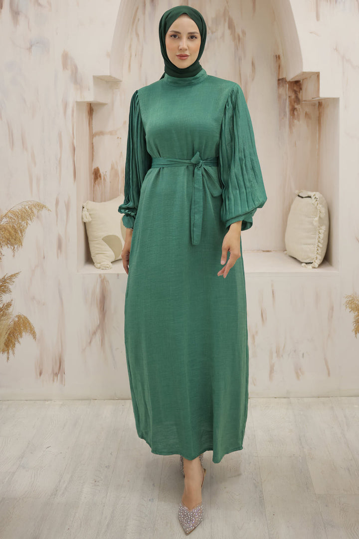 BNG Women Sleeves Pile Detailed Hijab Dress Emerald Green - Clermont