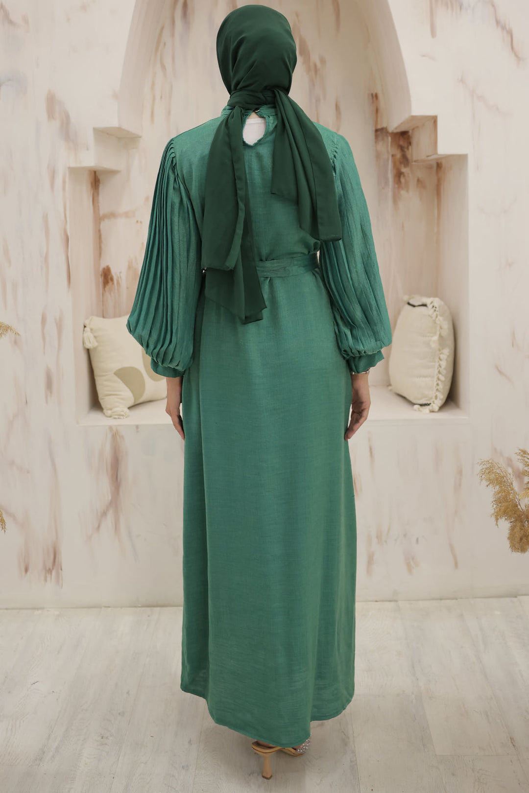 BNG Women Sleeves Pile Detailed Hijab Dress Emerald Green - Clermont