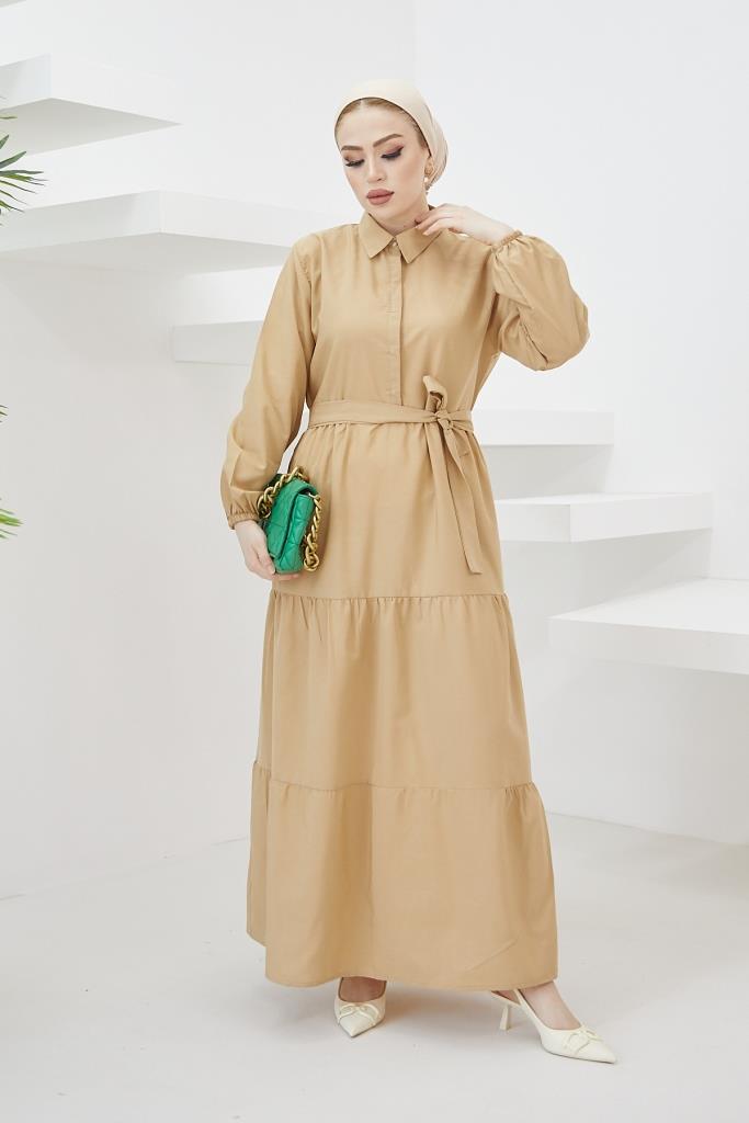 BNG Women Shirt Collar Buttoned Hijab Dress Beige - Clermont
