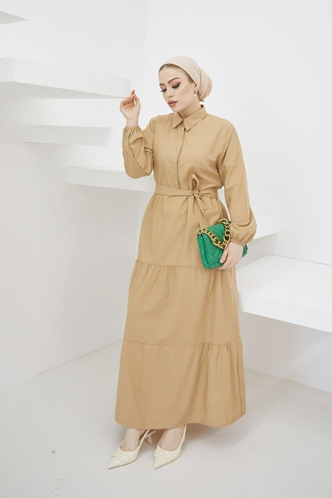 BNG Women Shirt Collar Buttoned Hijab Dress Beige - Clermont