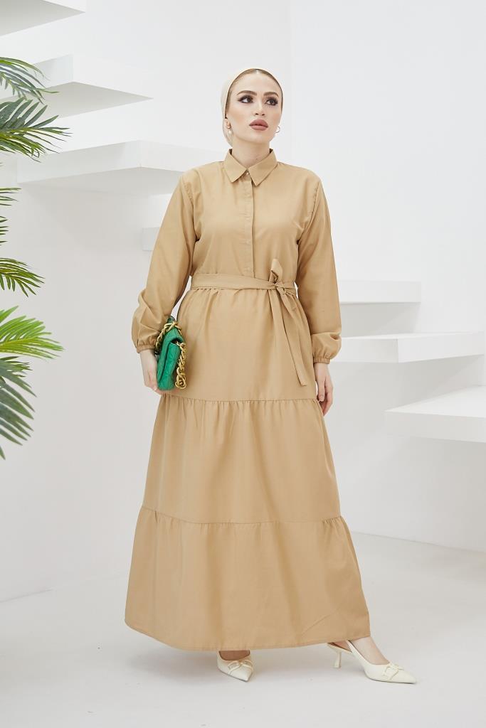 BNG Women Shirt Collar Buttoned Hijab Dress Beige - Clermont