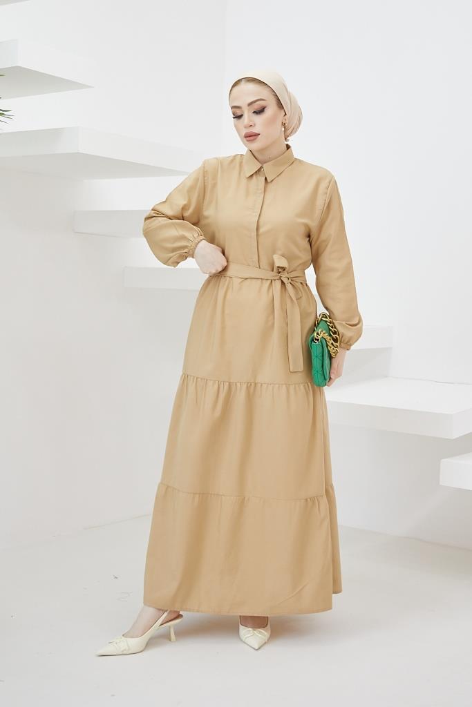 BNG Women Shirt Collar Buttoned Hijab Dress Beige - Clermont