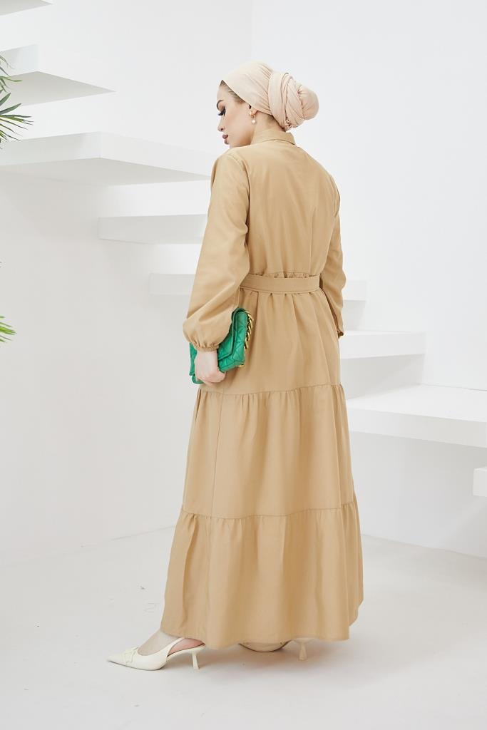 BNG Women Shirt Collar Buttoned Hijab Dress Beige - Clermont