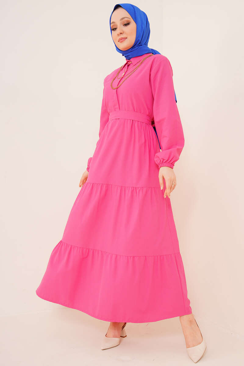 BNG Women Shirt Collar Buttoned Hijab Dress Fuchsia - Clermont