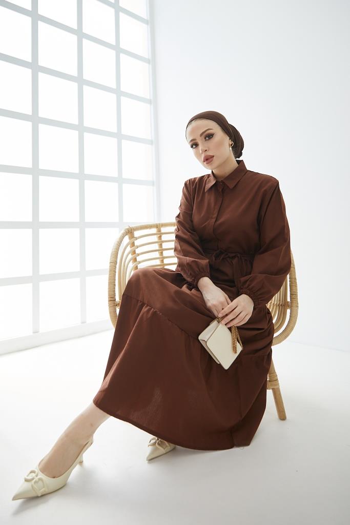 BNG Women Shirt Collar Buttoned Hijab Dress Brown - Clermont