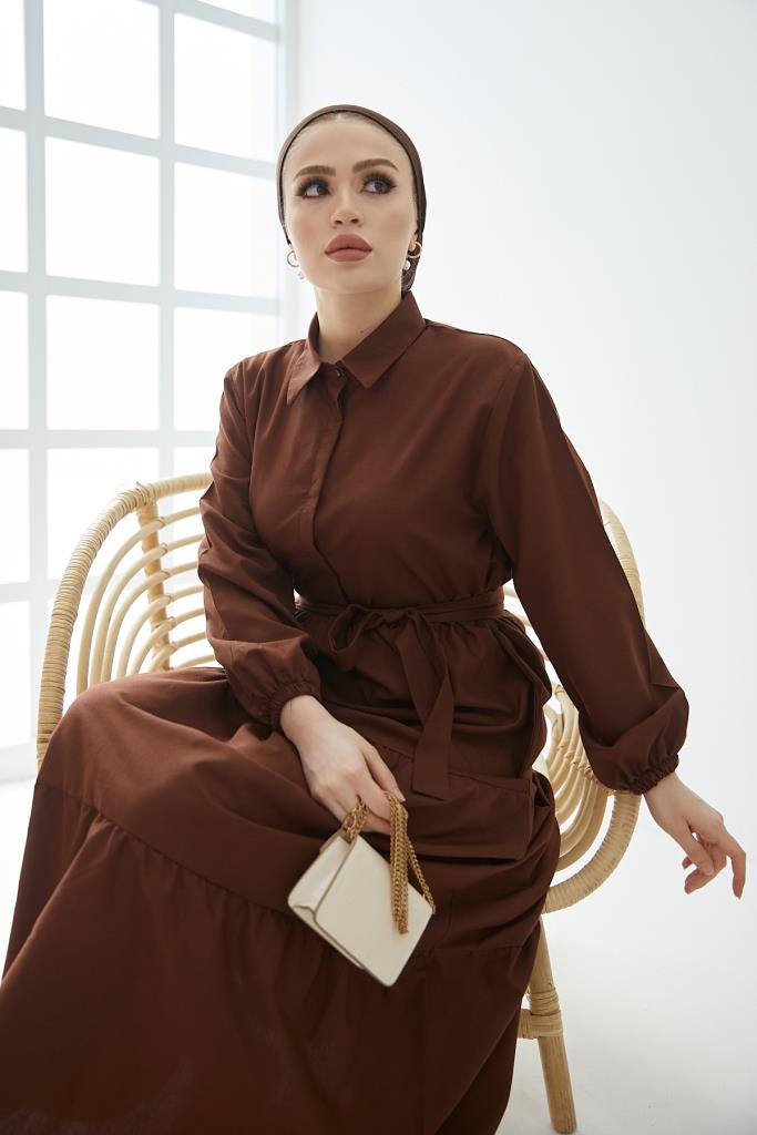 BNG Women Shirt Collar Buttoned Hijab Dress Brown - Clermont