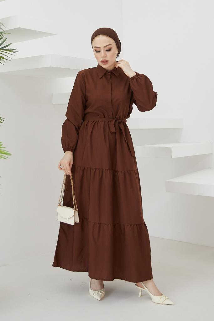 BNG Women Shirt Collar Buttoned Hijab Dress Brown - Clermont