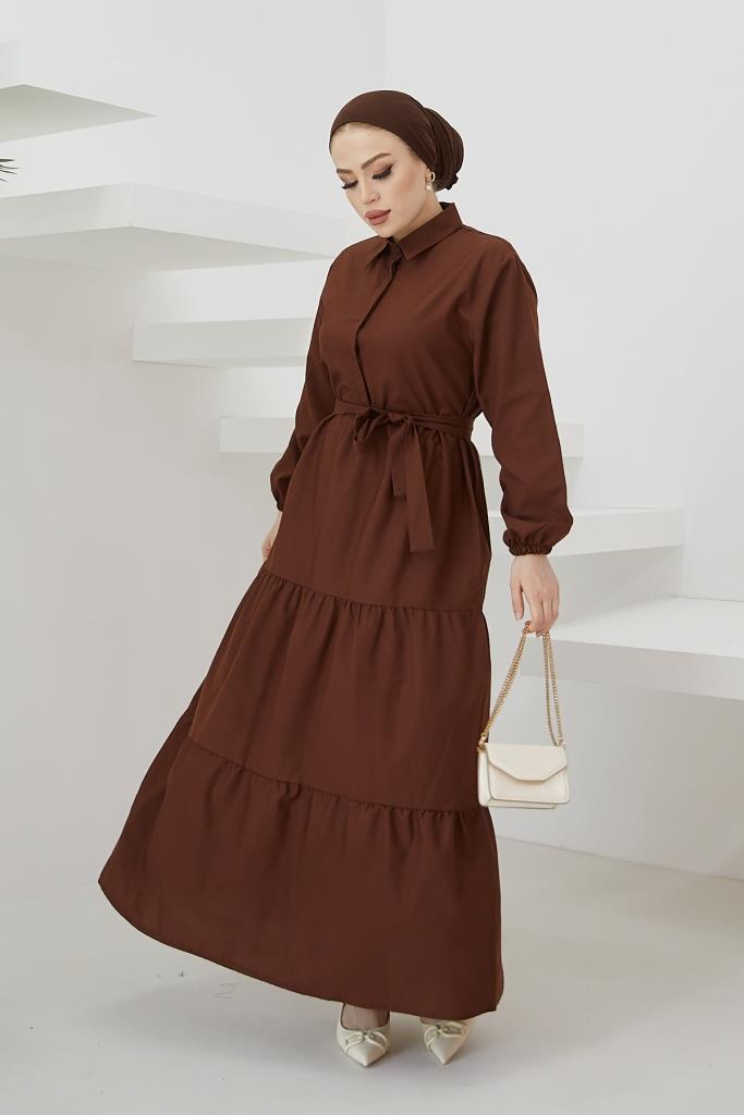 BNG Women Shirt Collar Buttoned Hijab Dress Brown - Clermont