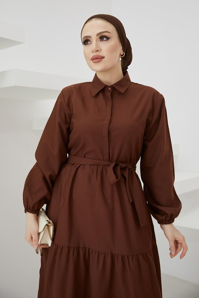 BNG Women Shirt Collar Buttoned Hijab Dress Brown - Clermont