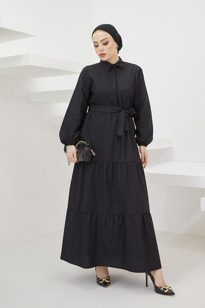 BNG Women Shirt Collar Buttoned Hijab Dress Black - Clermont