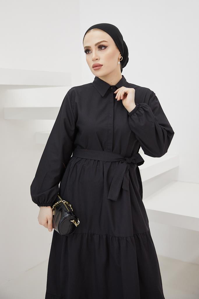BNG Women Shirt Collar Buttoned Hijab Dress Black - Clermont