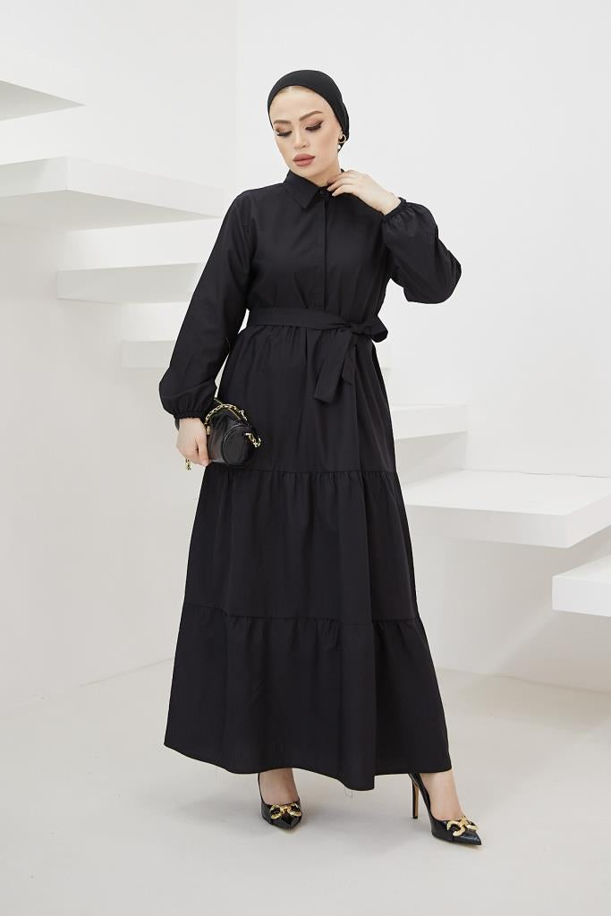 BNG Women Shirt Collar Buttoned Hijab Dress Black - Clermont