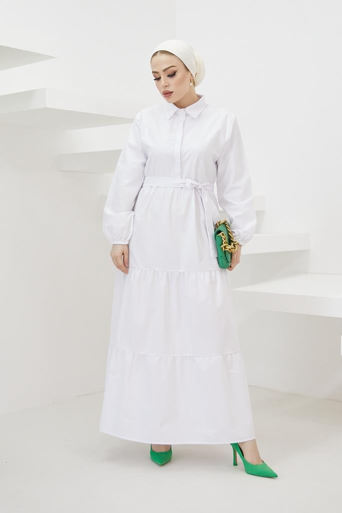 BNG Women Shirt Collar Buttoned Hijab Dress White - Clermont