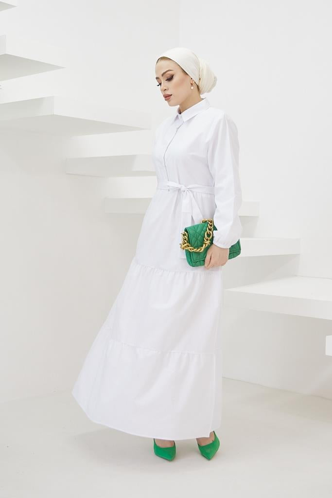 BNG Women Shirt Collar Buttoned Hijab Dress White - Clermont