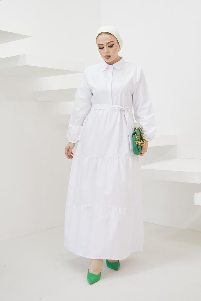 BNG Women Shirt Collar Buttoned Hijab Dress White - Clermont