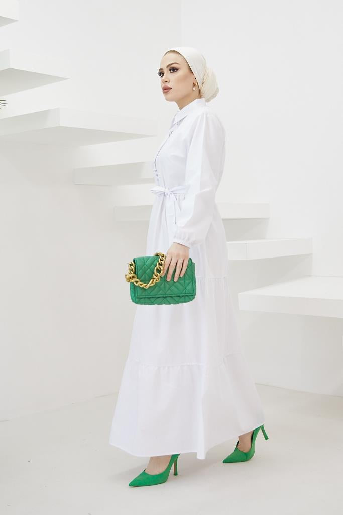 BNG Women Shirt Collar Buttoned Hijab Dress White - Clermont