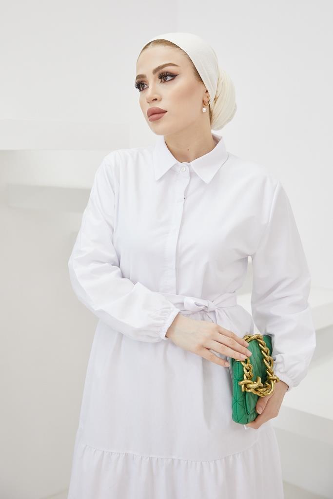 BNG Women Shirt Collar Buttoned Hijab Dress White - Clermont