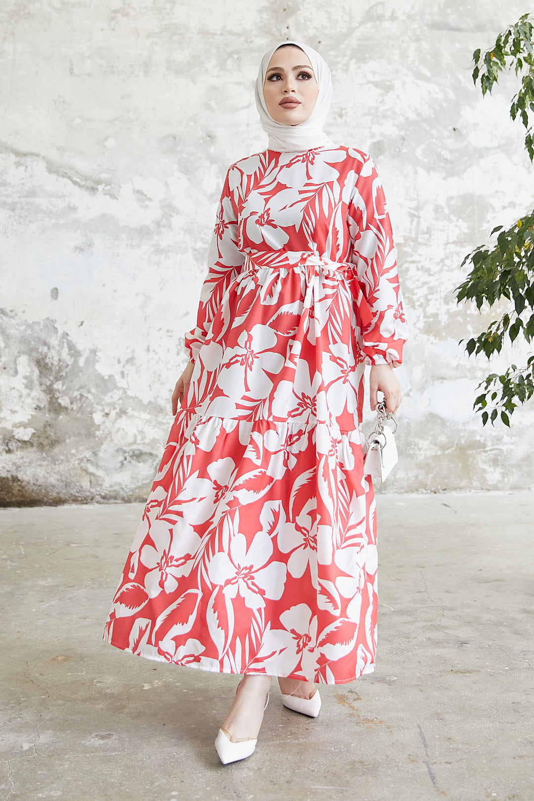 BNG Women Flower Pattern Hijab Dress Pomegranate Flower - Clermont