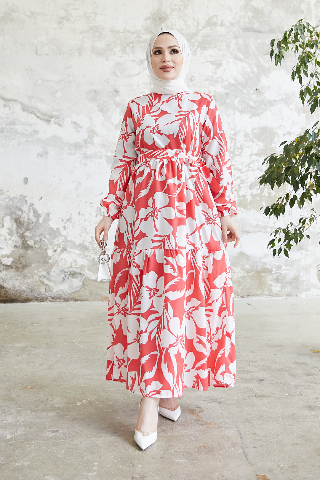 BNG Women Flower Pattern Hijab Dress Pomegranate Flower - Clermont