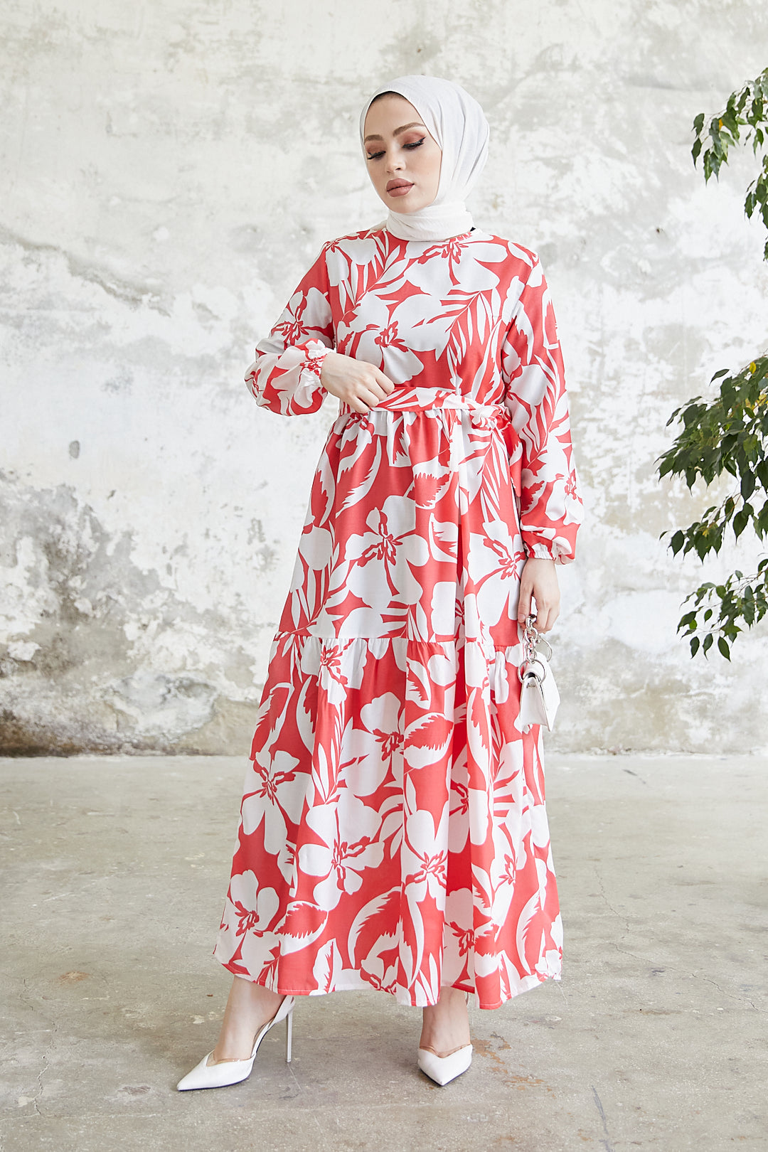 BNG Women Flower Pattern Hijab Dress Pomegranate Flower - Clermont
