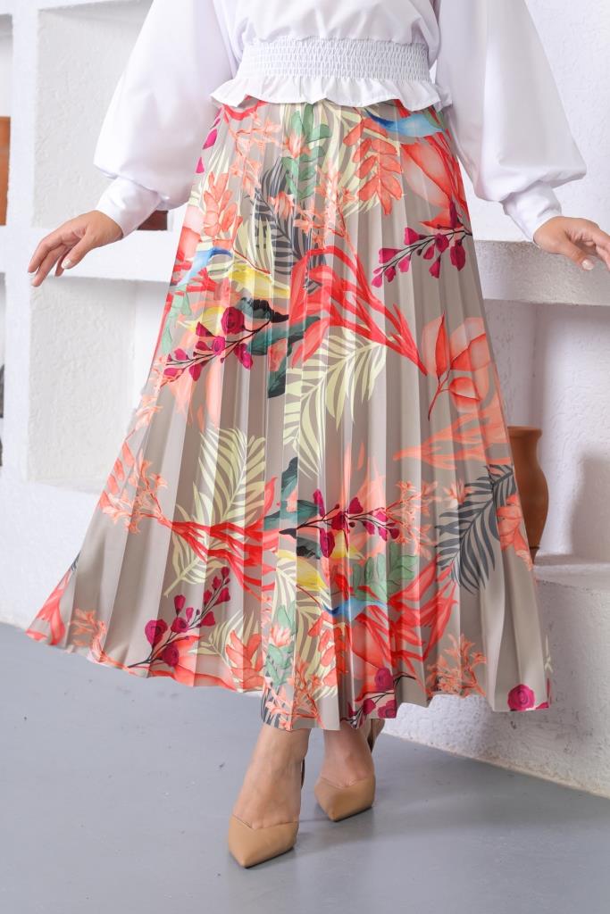 BNG Women Patterned Hijab Pleated Skirt Çağla - Clermont