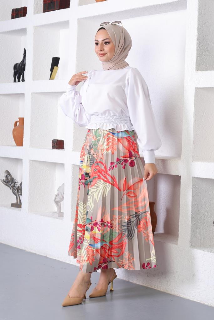 BNG Women Patterned Hijab Pleated Skirt Çağla - Clermont