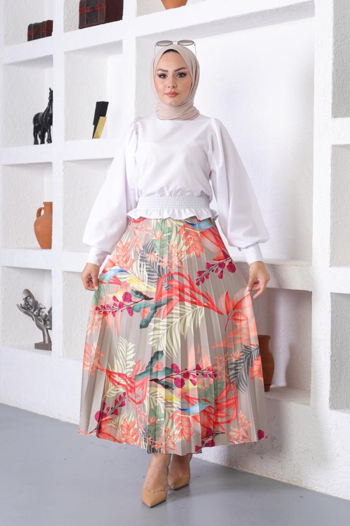 BNG Women Patterned Hijab Pleated Skirt Çağla - Clermont