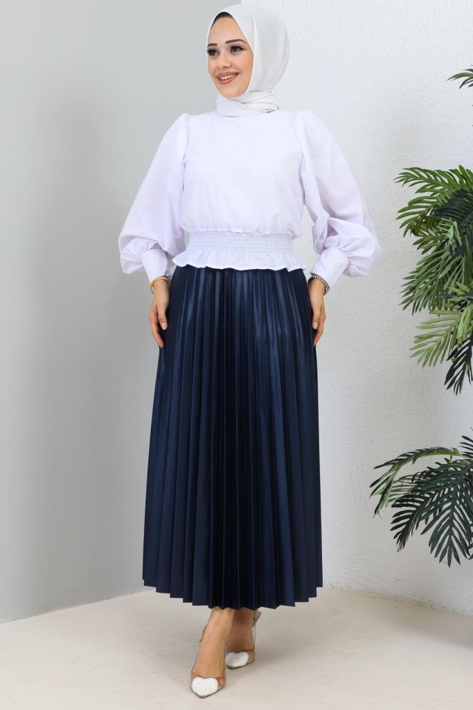 BNG Women Navy Blue Elastic Waist Pleated Skirt - Clermont