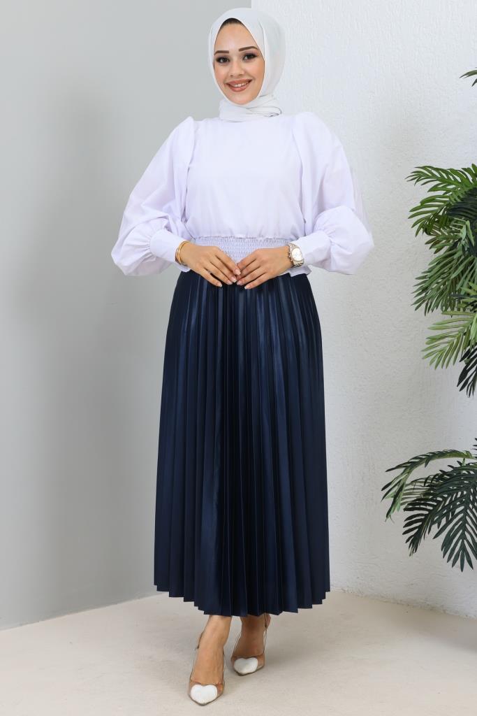 BNG Women Navy Blue Elastic Waist Pleated Skirt - Clermont