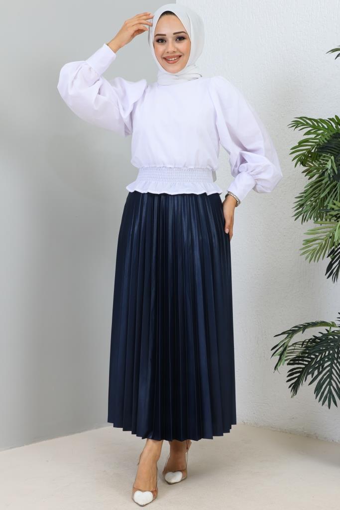 BNG Women Navy Blue Elastic Waist Pleated Skirt - Clermont