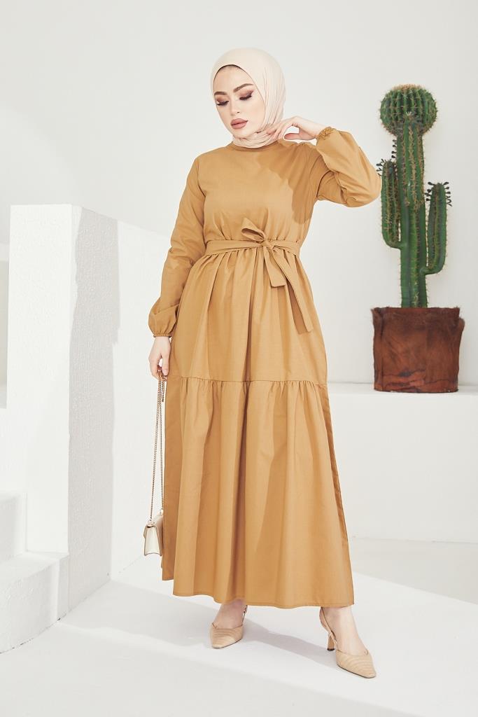 BNG Women Zero Collar Belted Hijab Dress Beige - Clermont