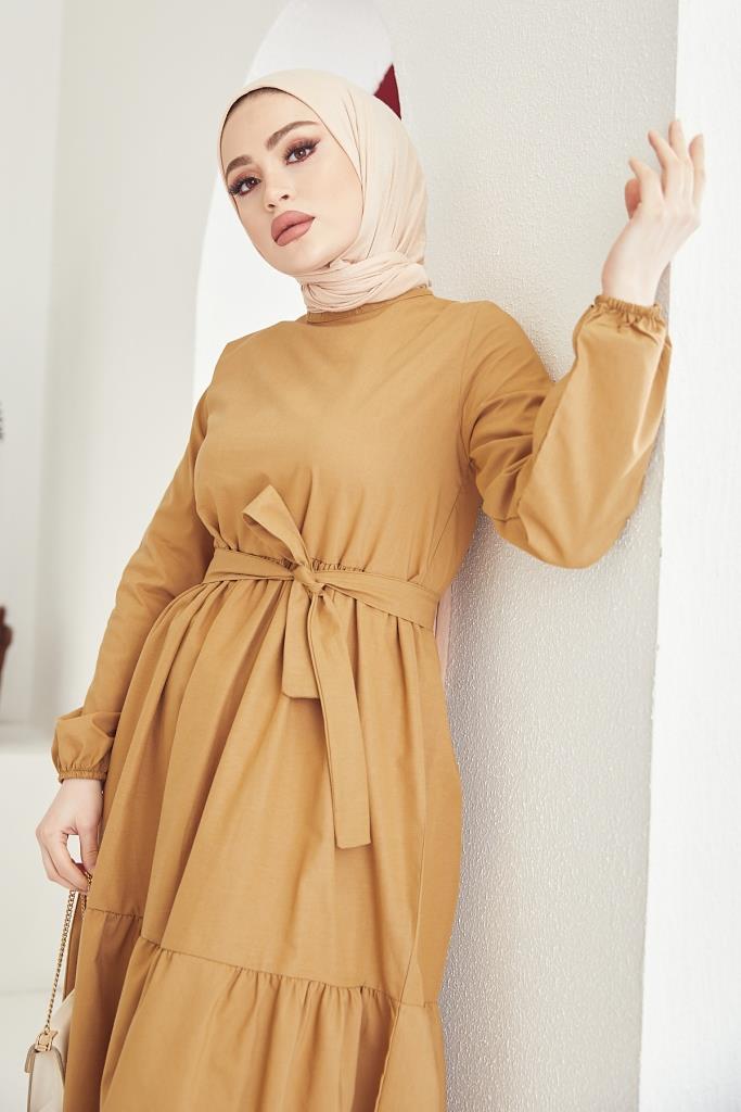 BNG Women Zero Collar Belted Hijab Dress Beige - Clermont