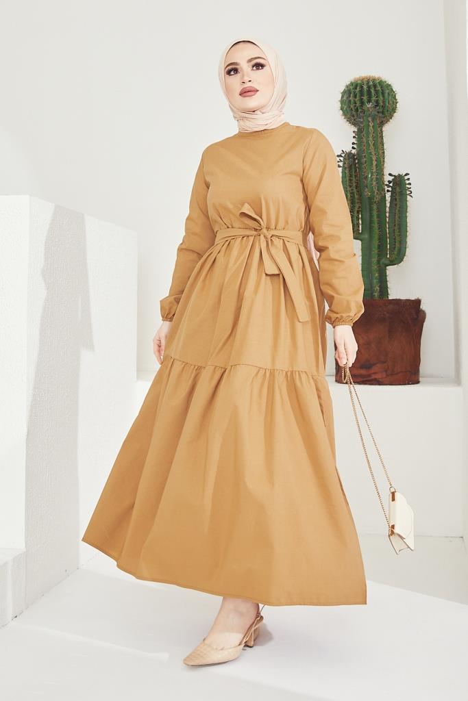 BNG Women Zero Collar Belted Hijab Dress Beige - Clermont